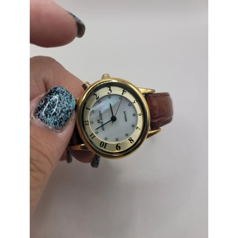 Vintage Anne Klein AK Instalite Quartz Watch Gold Tone‎ White Dial Brown Leather
